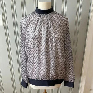 NWOT Per Se BY CARLISLE Blouse Women's Mock Neck Long Sleeve Navy Collar,  Sz 12
